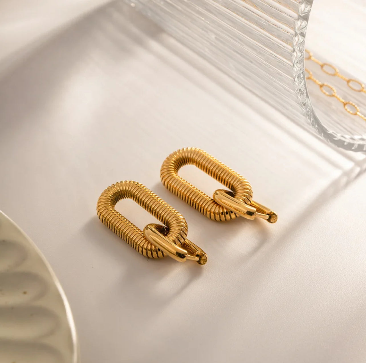 Spencer | U-Shaped Ribbed Earrings, 18k Gold Plated, Waterproof