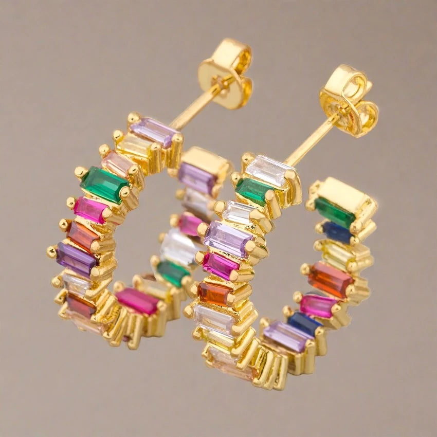 Clara | Multi-Colour Zircon Baguette Earrings  -18K Gold Plated, Waterproof