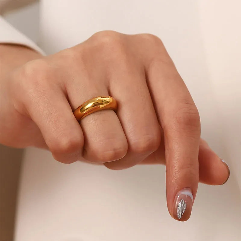 A close-up of a sleek stainless steel women's ring, showcasing its minimalistic design.