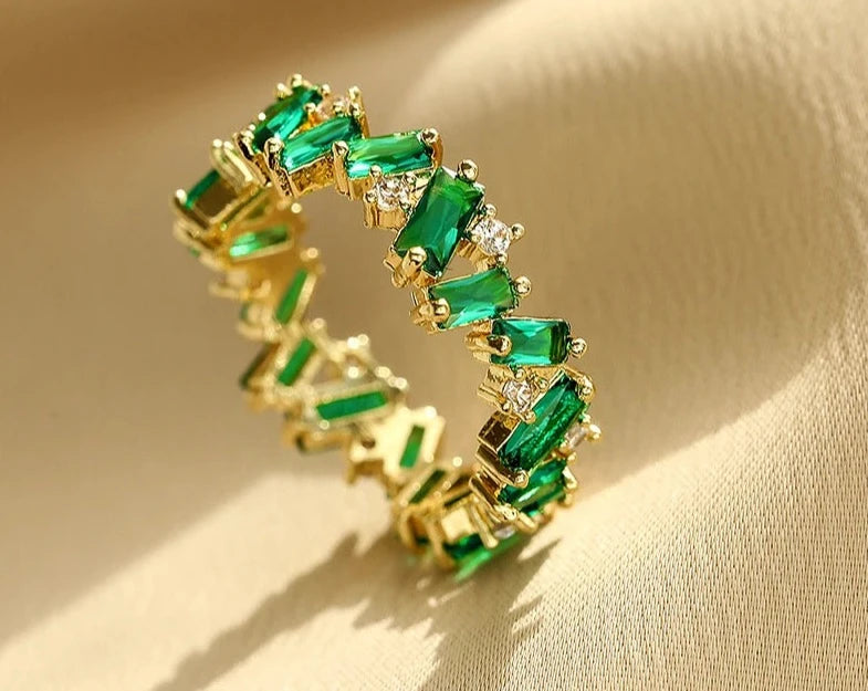 Close-Up of Tara Ring's Sparkling Emerald Baguettes